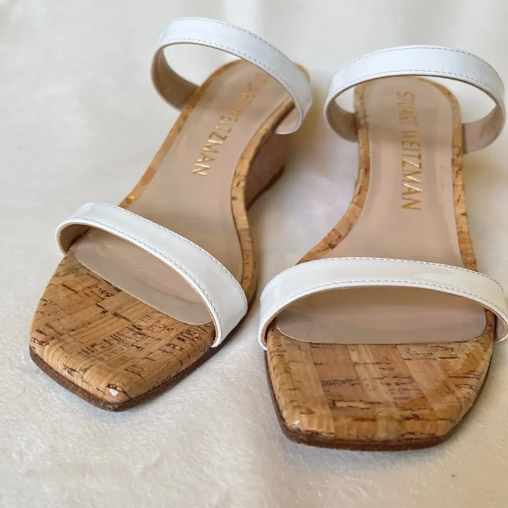 Stuart‎ Weitzman Aleena Wedge Heel Sandals 7.5 Narrow White Patent Leather Cork - Picture 11 of 13